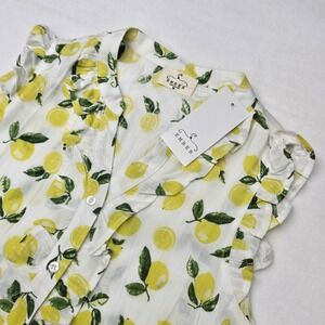 Ember Lemon Print Ruffle Button Front Linen Tank Top Medium Citrus Light Italy